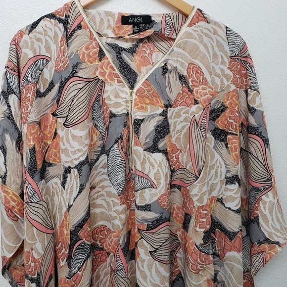 Angl Tropical Flower Print Half Zip Flowy Blouse Size S - Picture 2 of 7